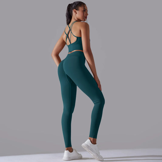 Brushed Yoga Set Women 2 Piece Workout Sportswear Crisscross Back Sports Bra High Waist Leggings Gym Clothing Sports Suits