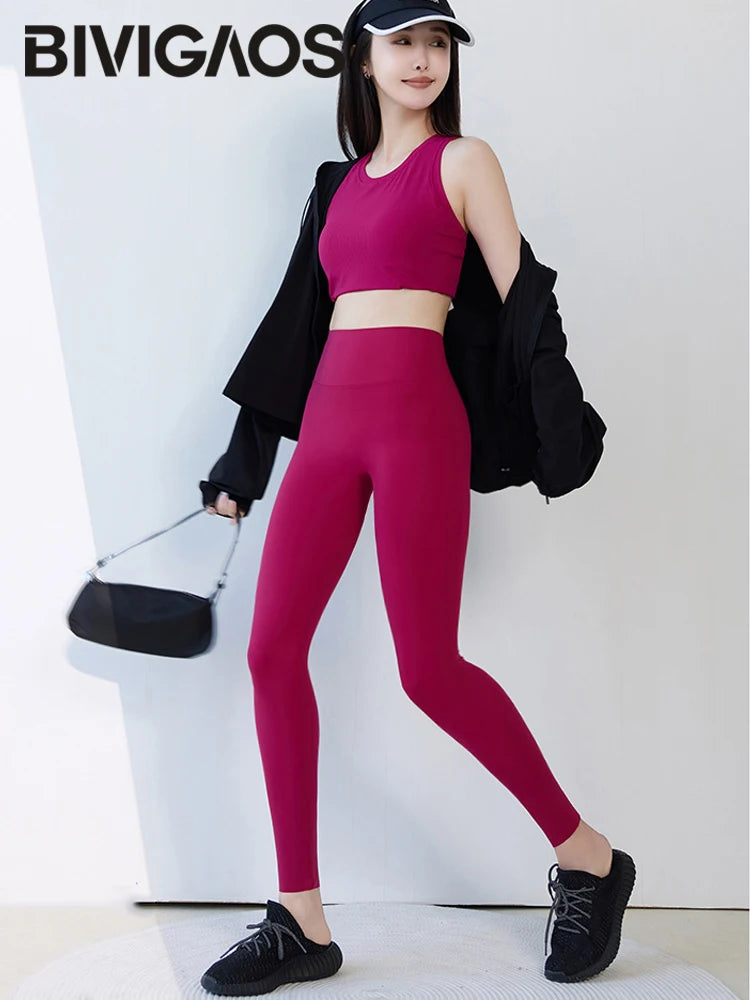 BIVIGAOS 2025 Spring Summer New Plum Red 3D Naked Feeling Sharkskin Leggings Women Slim Sexy Sport Yoga Push Up Fitness Leggings