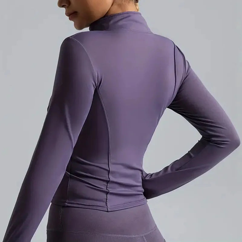 Women's Zip-Up Running Jacket Lightweight Stretchy Running Track Jacket with Thumb Holes, High Neck, Breathable Yoga Sportwear